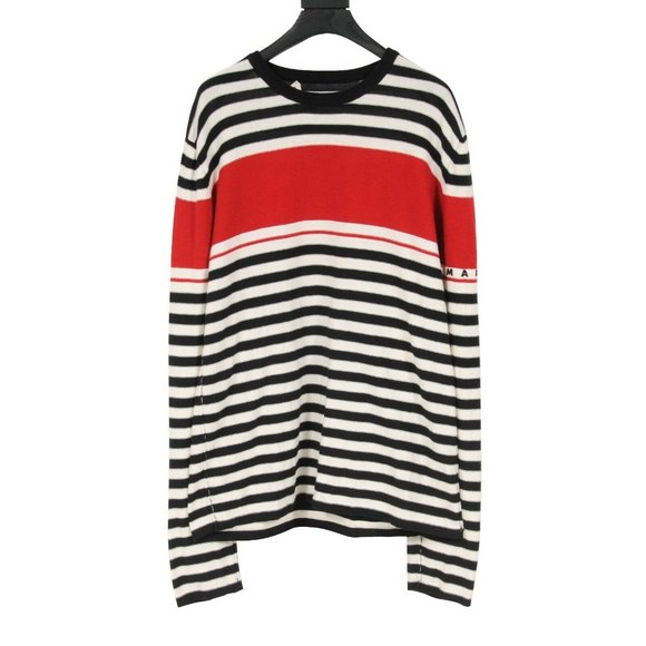 Marni Mens Crewneck Sweater Size 48 Medium Black White Red Cotton Striped Logo - Picture 1 of 9